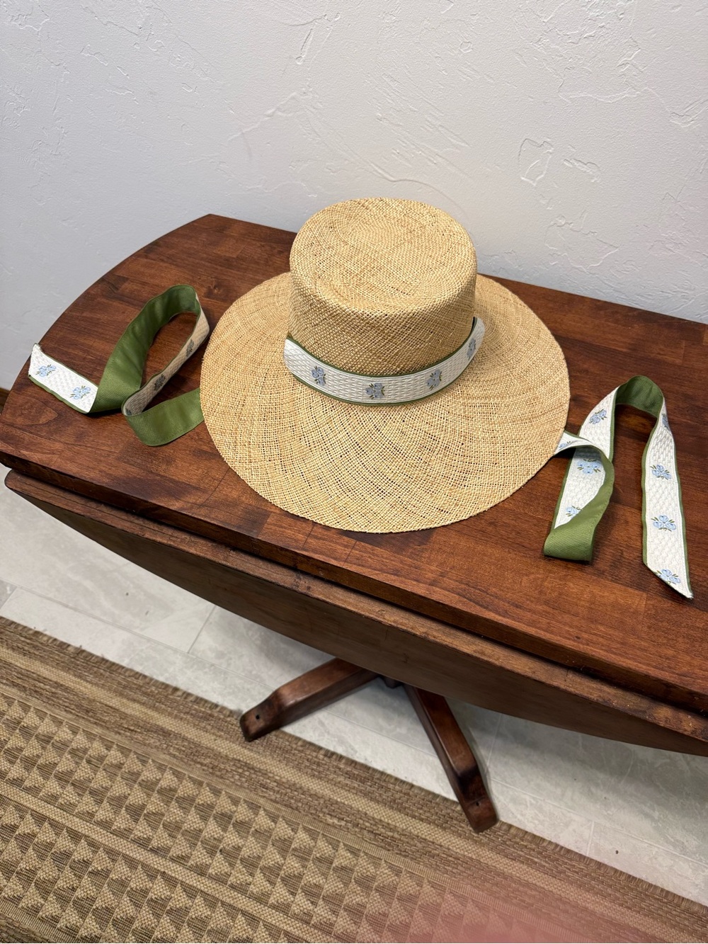 Sarah Bray Bermuda Straw Hat with White Jacquard & Green Grosgrain Ribbon